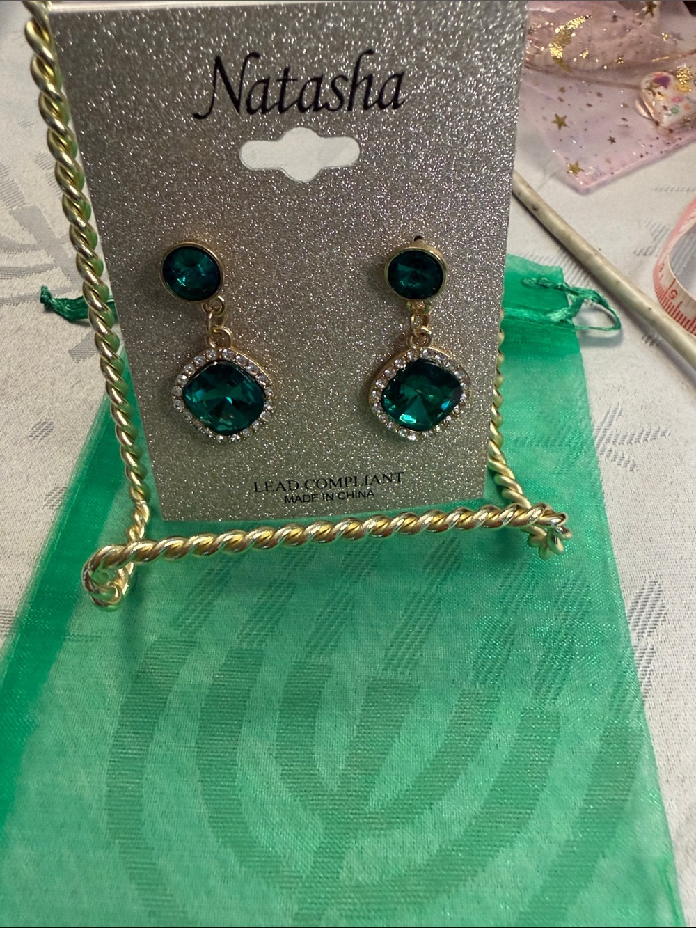 Natasha Couture Gold-Tone Earrings with Deep Green Stones